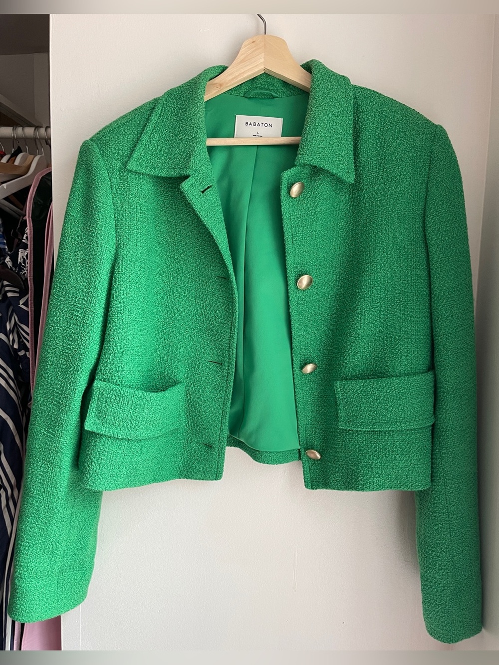 Aritzia Babaton Bright Green Tweed Cropped Blazer Jacket - Picture 4 of 13